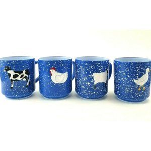4 Arcoroc France Farm Animals Goose Sheep Chicken 10oz Blue Speckled Glass Mugs